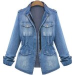 Bleu blouson femme en denim veste jean bombers jacket manche longue col revers zipp coupe cintre amincissant ...