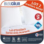 Lot de 2 oreillers sant� anti - acariens moelleux 60x60 cm blanc - bleu calin