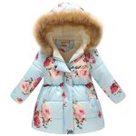 Bleu - rose - manteau de mode pour filles enfants dhiver  capuche rembourre floral imprim manches ...