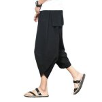 Bloomers pour hommes coton lin sarouel ample couleur unie décontracté large jambe pantalon noir Bloomers pour hommes coton lin sarouel ample couleur unie décontracté large jambe pantalon noir