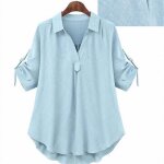 Blouse chemise dété à manches courtes pour femmes haut polyvalent mi - long ample taille plus bleu Blouse chemise dété à manches courtes pour femmes haut polyvalent mi - long ample taille plus bleu