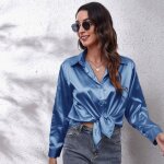 Blouse chemise femme - chemise à manches longues en satin de soie - haut ample - couleur unie bleu Blouse chemise femme - chemise à manches longues en satin de soie - haut ample - couleur unie bleu
