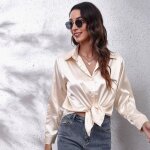 Blouse chemise femme - chemise à manches longues en satin de soie - haut ample - rose clair Blouse chemise femme - chemise à manches longues en satin de soie - haut ample - rose clair