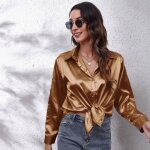 Blouse chemise femme - marron - manches longues - haut ample en satin de soie Blouse chemise femme - marron - manches longues - haut ample en satin de soie