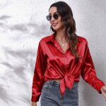 Blouse chemise femme - rouge - manches longues - haut ample en satin de soie