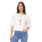 Blouse coupe pplum avec volant et manches ballons. se ferme sur le devant par 3 liens  nouer. pour ...