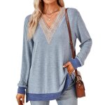 Blouse femme - chic - tuniques - manches longues - col v - casual - bleu clair Blouse femme - chic - tuniques - manches longues - col v - casual - bleu clair