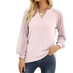 Blouse femme - marque inconnue - manches longues dentelle - col en v - tissu confortable - rose