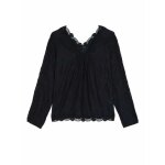 Blouse femme large en dentelle berenice - noir - col v - manches longues - broderie ton sur ton