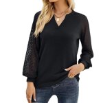 Blouse femme  manches longues dentelle t - shirt col en v couleur unie casual top tissu confortable
