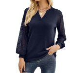 Blouse femme  manches longues dentelle t - shirt col en v couleur unie casual top tissu confortable ...