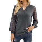 Blouse femme  manches longues dentelle t - shirt col en v couleur unie casual top tissu confortable ...