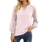 Blouse femme  manches longues dentelle t - shirt col en v couleur unie casual top tissu confortable ...