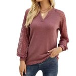 Blouse femme  manches longues dentelle t - shirt col en v couleur unie casual top tissu confortable ...