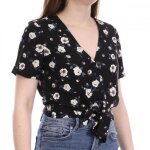 Blouse femme - vero moda - easy - manches courtes - col v - noir - imprim� fleurs