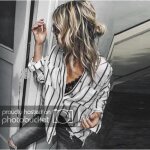 Blouse ray�e � manches longues pour femme - noir - col chemise