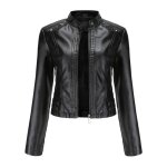 Blouson court femme simili cuir printemps et auotmne veste mi saison col montant - insfity - noir
