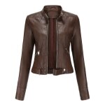 Blouson court simili cuir femme insfity - col montant - couleur unie - caf