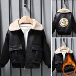 Blouson en cuir artificiel pu enfant garon epaisse chaude doublure en polaire hiver - noir