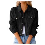 Blouson femme - autrement - perfecto bomber en denim noir - manches longues slim fit hiver