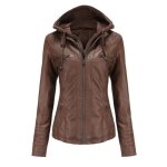 Blouson femme simili cuir  capuche amovible insfity - printemps et automne - couleur unie caf