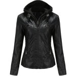 Blouson femme simili cuir  capuche amovible printemps et automne veste zippee couleur unie