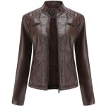 Blouson femme simili cuir col montant printemps et automne veste zippee slim fit couleur unie - caf ...