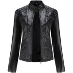 Blouson femme simili cuir col montant printemps et automne veste zippee slim fit couleur unie - noir