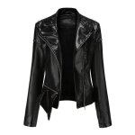 Blouson femme en simili cuir col montant veste zippee fashion couleur unie pour printemps et automne