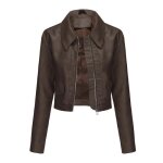Blouson femme simili cuir mi saison casual veste courte regular fit couleur unie printemps et automne ...