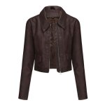 Blouson femme simili cuir mi saison casual veste courte regular fit - marron Blouson femme simili cuir mi saison casual veste courte regular fit - marron