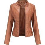 Blouson femme simili cuir printemps et automne casual veste zippee col montant couleur unie - marron ...