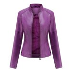 Blouson femme simili cuir printemps et automne casual veste zippee col montant couleur unie - violet