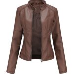 Blouson femme simili cuir printemps et automne - insfity - coupe slim - col montant - caf