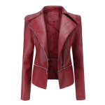 Blouson femme simili cuir printemps et automne veste zippee manches longues couleur unie bord amovible ...