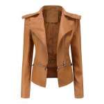 Blouson femme simili cuir printemps et automne veste zippee manches longues couleur unie bord amovible ...