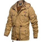 Blouson hiver capuche homme chaud doubl polaire veste cargo en coton col montant couleur unie - kaki ...