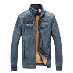 Blouson homme en cuir lisse bleu - leoclotho - cuirisse - col en pointe - fermeture �clair - poches zipp�es ...