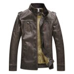 Blouson homme en cuir lisse avec col en pointe - leoclotho - marron fonce - fermeture clair et poches ...