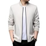 Blouson homme printemps et automne regular fit casual veste zippee col montant couleur unie - beige