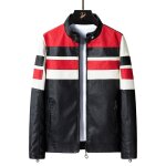 Blouson homme simili cuir slim col montant tricolore - insfity - rouge
