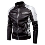 Blouson moto homme en cuir synthtique bricolore col montant vintage lger fashion - marron