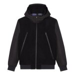Blouson noir à capuche en laine mélangée avec une coupe droite Blouson noir à capuche en laine mélangée avec une coupe droite