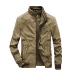 Blouson pur coton homme printemps et automne veste zippee col montant couleur unie - kaki Blouson pur coton homme printemps et automne veste zippee col montant couleur unie - kaki