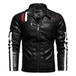 Blouson simili cuir automne hiver homme veste zippee col montant couleur constraste - noir Blouson simili cuir automne hiver homme veste zippee col montant couleur constraste - noir