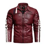 Blouson simili cuir automne hiver homme veste zippee col montant couleur constraste - rouge