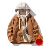 Blouson velours c�tel� homme � capuche doubl�e polaire casual veste zippee chaude couleur contraste automne ...