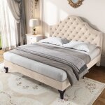 Lit double capitonn� velours beige - merax - 140x190 cm - t�te de lit r�glable - sommier � lattes - 2 ...
