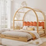 Lit cabane 140x200cm lit enfant extensible  toit bomb cadre en pin naturel et orange