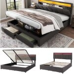 Lit coffre adulte 180x200cm avec 2 tiroirs �tag�re de rangement sans matelas lit double tissu en lin ...